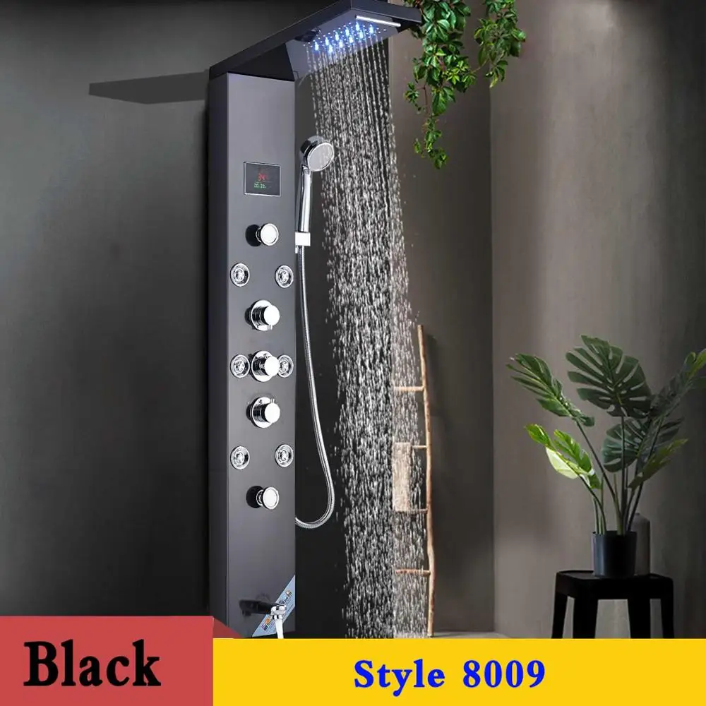 8009 black Светодиодный душ панель из нержавеющей стали настенное крепление душевая Колонка панельная башня светодиодный дождь водопад душ струи кран ручной Душ Ванна - Цвет: 8009 black
