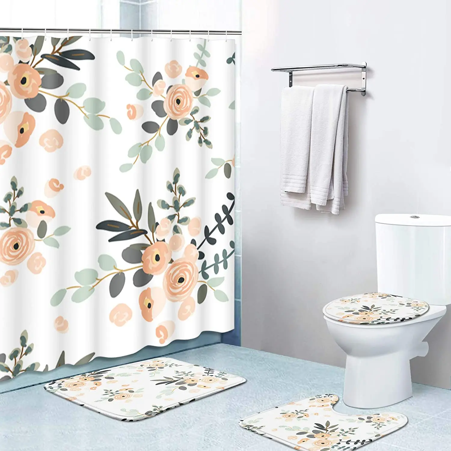 

Summer Pink Flowers Print Shower Curtain Set Carpet Cover Toilet Cover Bathroom Mat Cushion Cover Bathroom Curtain Household
