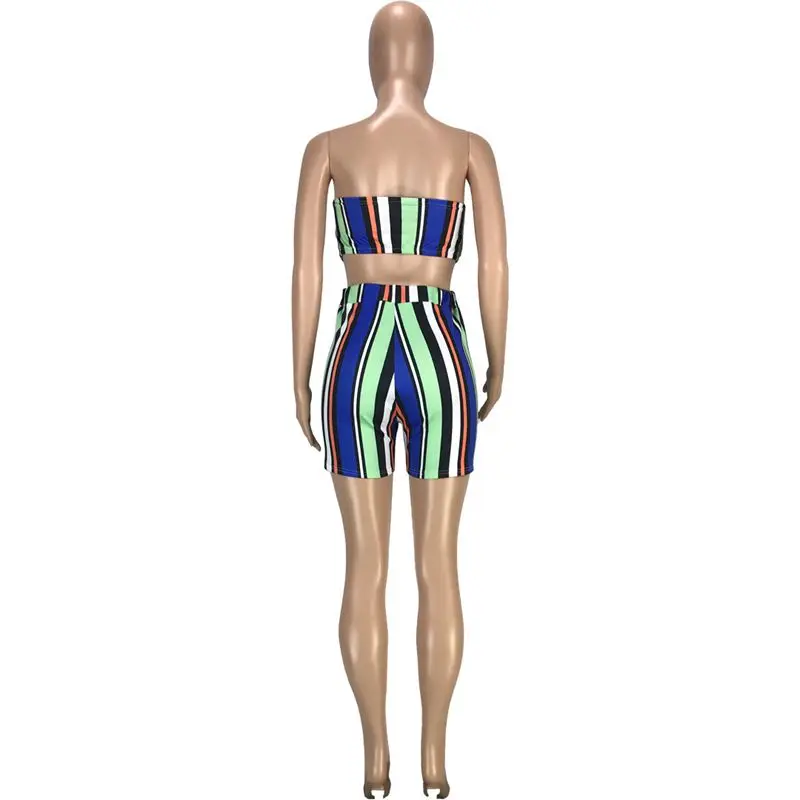 

ZOOEFFBB Sexy Striped Two Piece Set Vacation Outfits Tube Top and Biker Shorts Loungewear Matching Sets for Women Summer Clothes