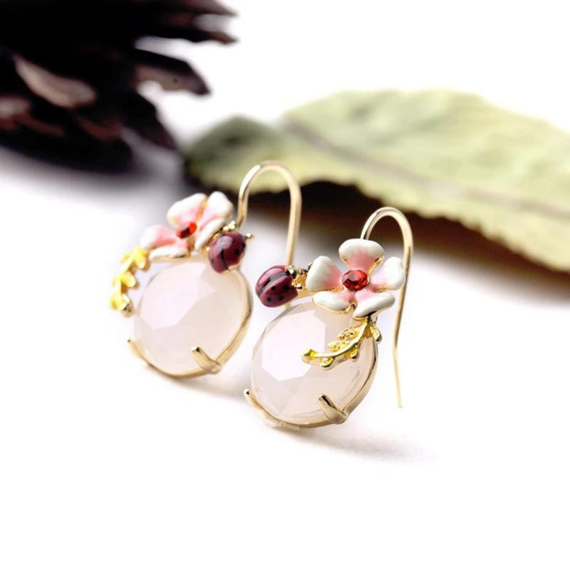 Милые серьги с эмалью цветок Божья коровка Круглый драгоценный камень короткие
