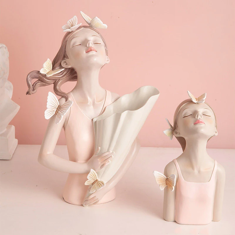 

Resin Butterfly Girl Statue with Vase Nordic Girl Statue Desktop Ornament Craft Dried Artificial Flower Sculpture Home Decor