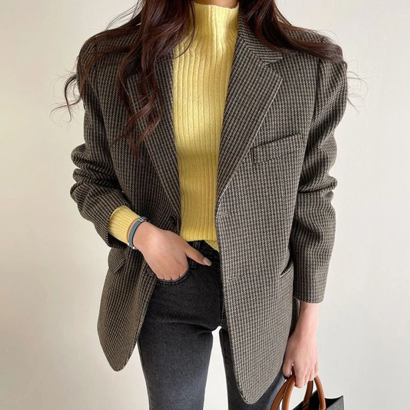 

Женская стильная клетчатая куртка, классическое шерстяное пальто базового дизайна, верхняя одежда в офисном стиле, шикарные зимние топы CA063