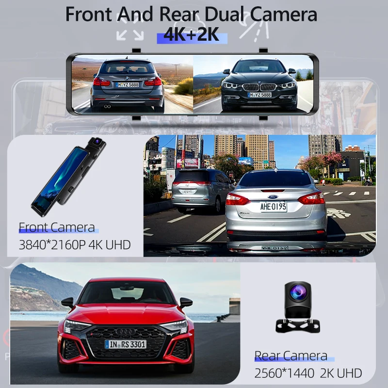 PONGKI Rear View Mirror Camera Dash Cam Dual Lens Car Dvr Gps Wifi 2k UHD 4k 12 Inch Video Recording Super Night Vision H8 | Автомобили и