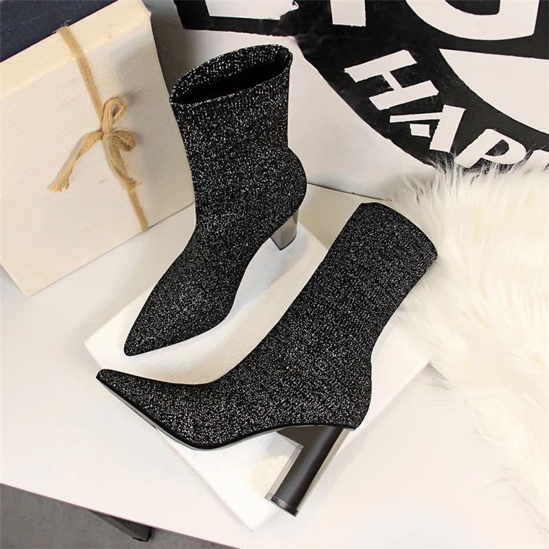 2020 Для женщин фетиш стрейч Вязание ботинки со стельками металлический блок 9 5 см