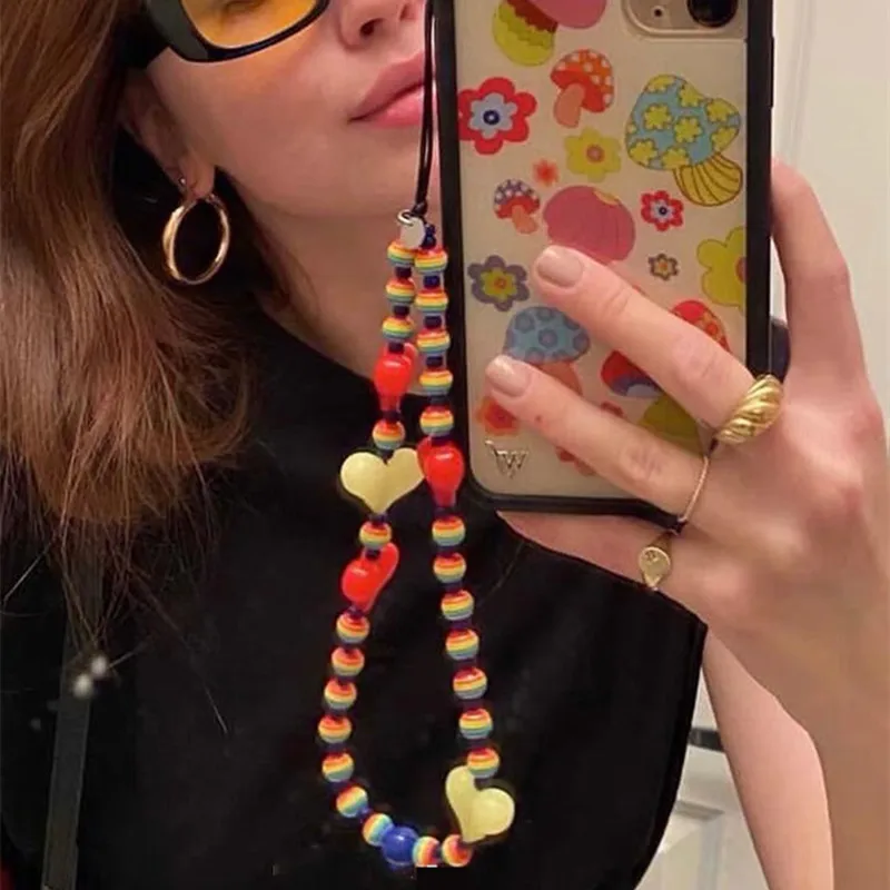Яркие Акриловые Бусины ремешок для мобильного телефона на цепочке с защитой от
