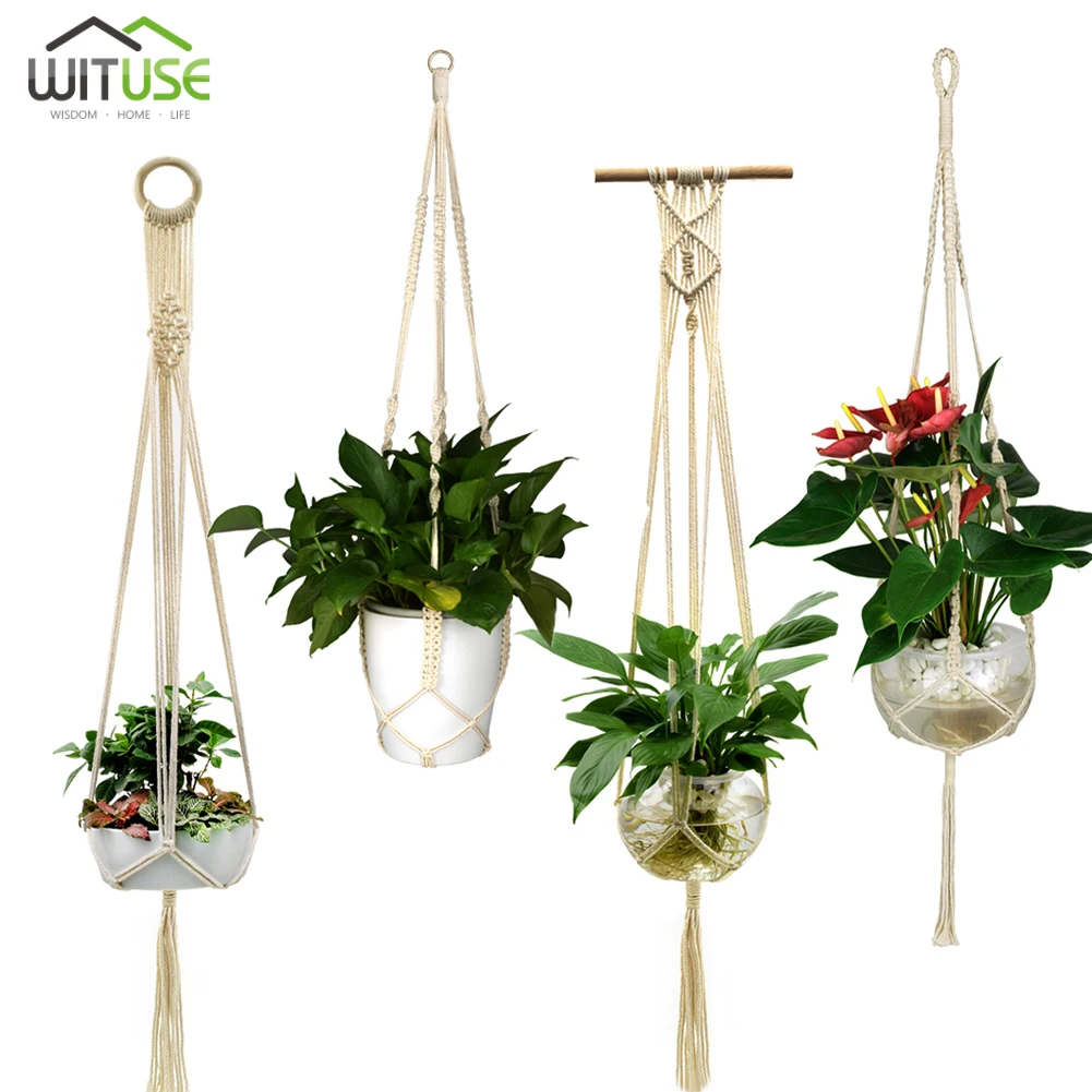

4pcs hanging plant handmade macrame plant hanger flower pot planter hanger wall decor courtyard garden hanging planter basket