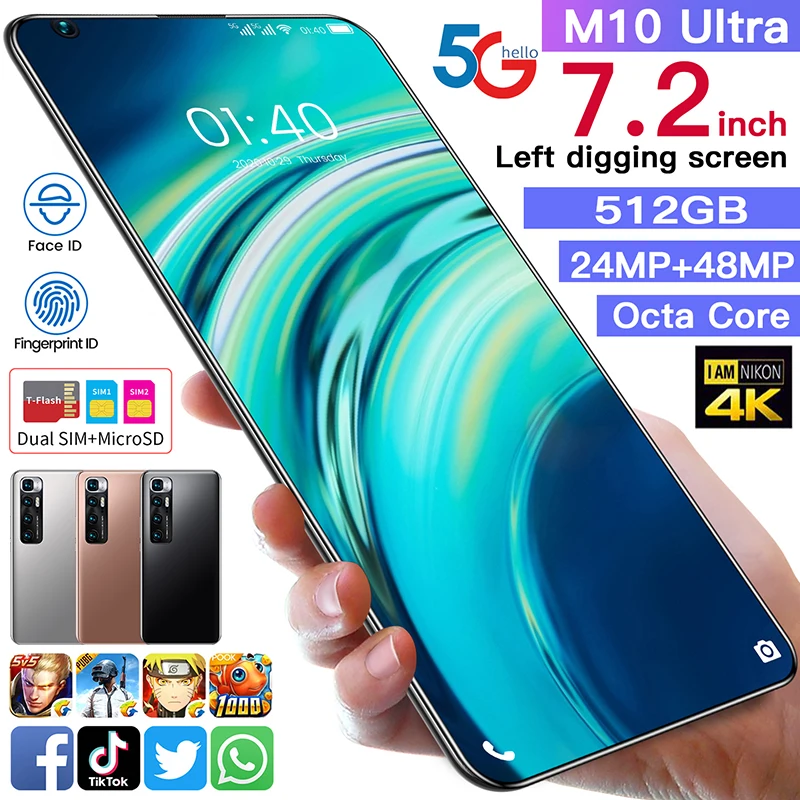 

New M10 Ultra 6.8 Inch 12GB RAM 256GB ROM Andriod Cell Phone Global Octa Core Dual SIM+Micro SD Smartphones 5G With GPS