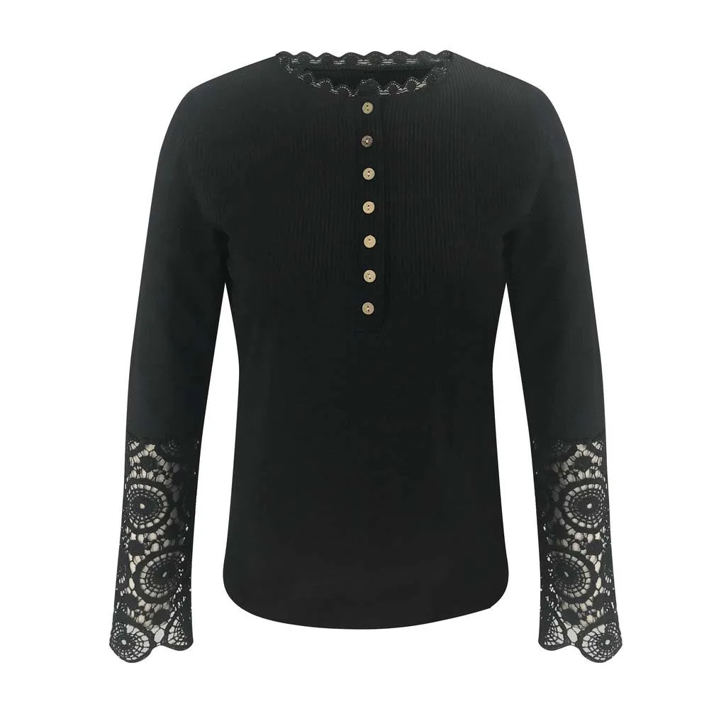 

Women's Top Knitwear Autumn Long Sleeve Shirt O-neck Button Up Skinny Top with Lace Skinny Knitted Top Casual Ladies Outfits