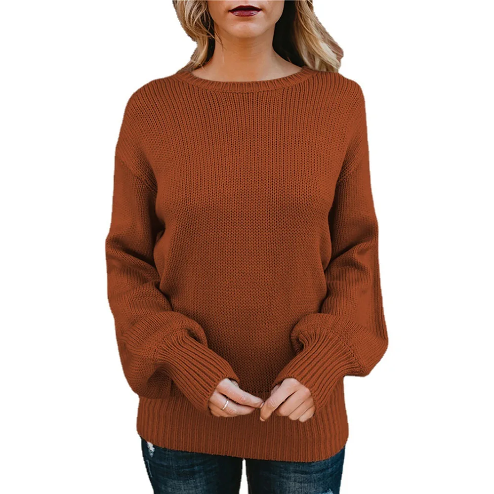 

Женский свитер на осень и зиму, новинка 2021, однотонный простой и Свободный пуловер средней длины с круглым вырезом и длинными рукавами, одеж...