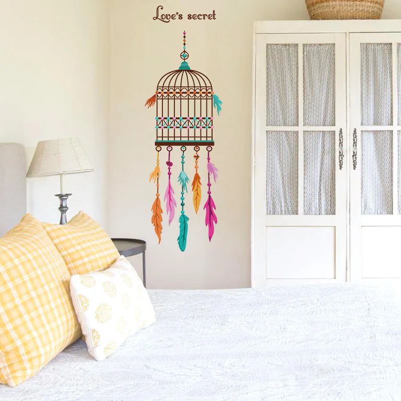 

Фантастические перья, птичья клетка, настенные наклейки для спальни, гостиной, украшение «сделай сам», настенная фреска из ПВХ