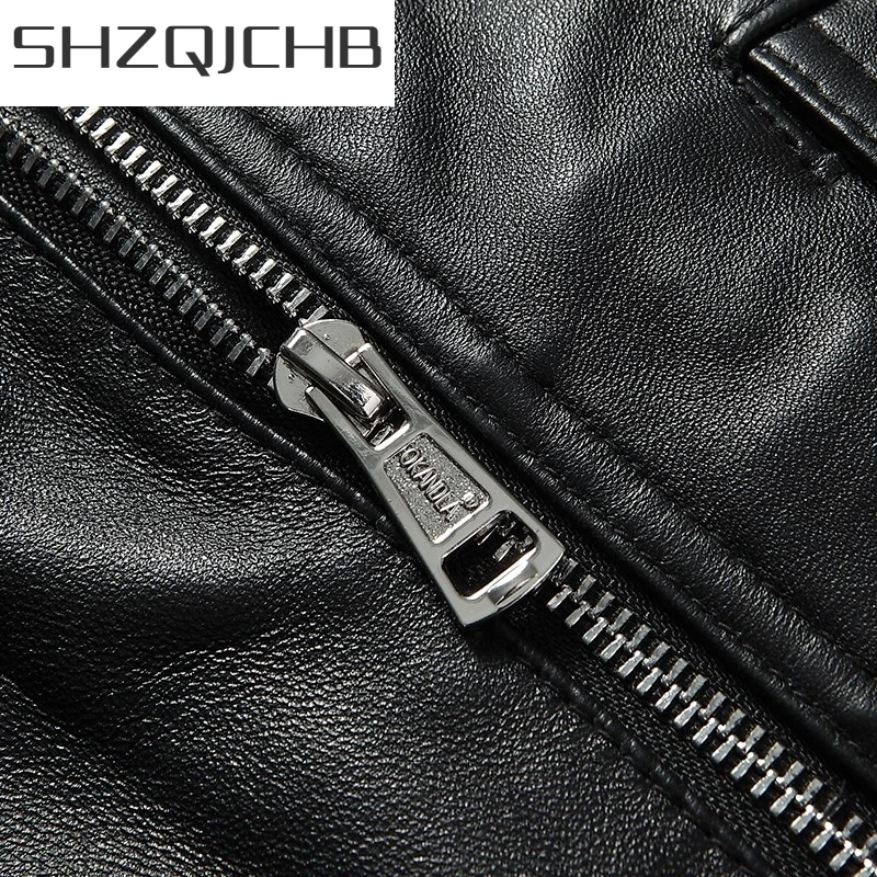 

JCHB 2021 Spring New Women Sexy Off Shoulder Short Sheepskin Genuine Leather Jacket Slim Fit Punk Coat Motorycle Leather Jacket