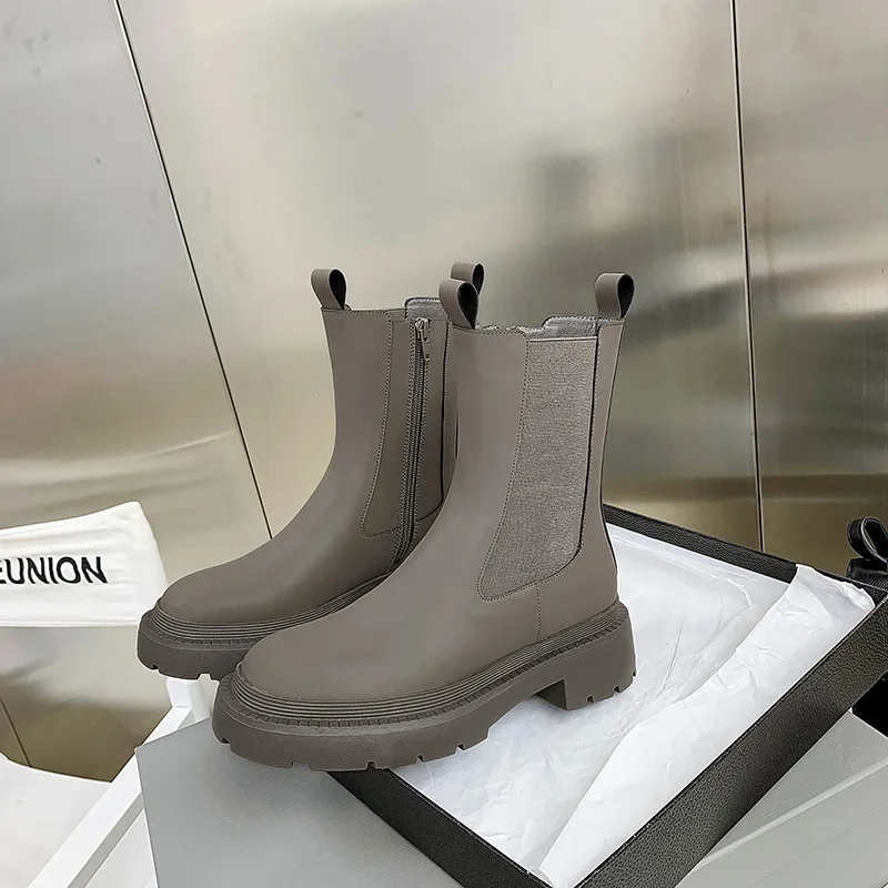 

Chelsea Boots Women New Autumn Winter Short Thick Bottom Chimney British Style Knight Cow Leather Women's Martin Boot