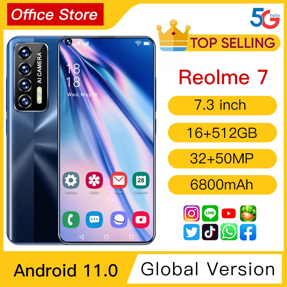 

New Reolme 7 Global Version 7.3 Inch Smartphone 16GB 512GB 32MP 50MP Face ID Android 11 6800mAh Qualcomm 888 10 Core Cell Phones