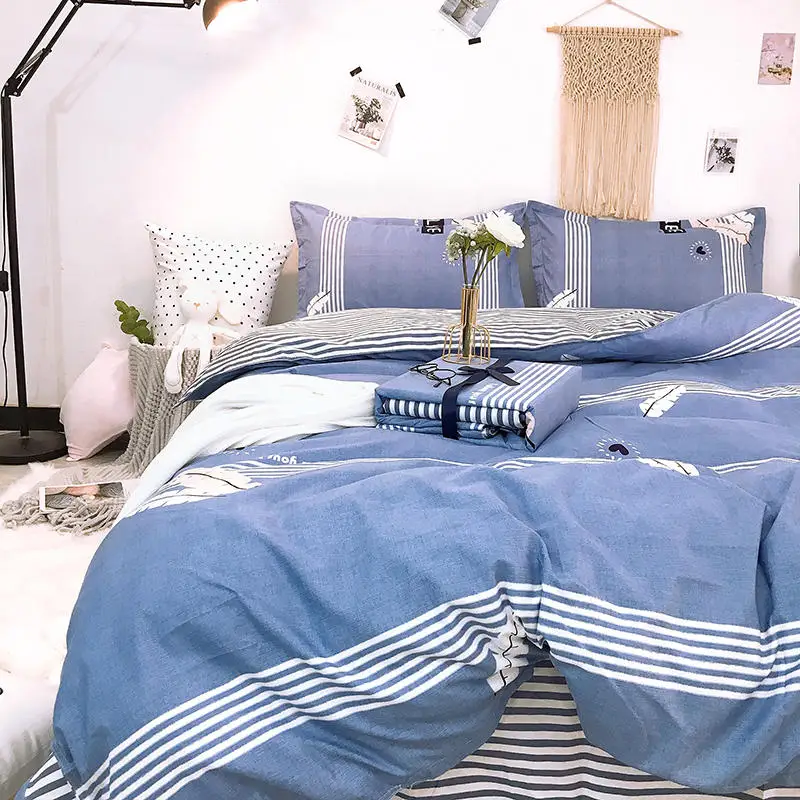 Sanding Bedding Set White stripes Bed blue Duvet Cover Skirt lace Sheet Pillowcases Queen size bed | Дом и сад