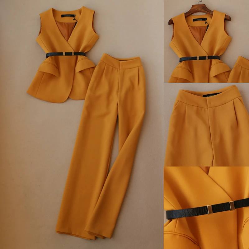 Женский осенний комплект из двух предметов жилет с v образным вырезом и прямые