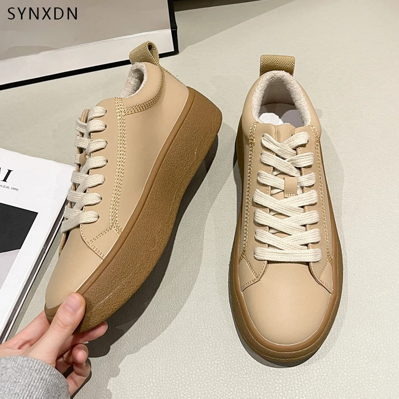 

SYNXDN Women's Vulcanized Shoes Flat Round Toe Lace Up Casual Sneakers Tenis Masculino Zapatillas Hombre Mujer 2022 New