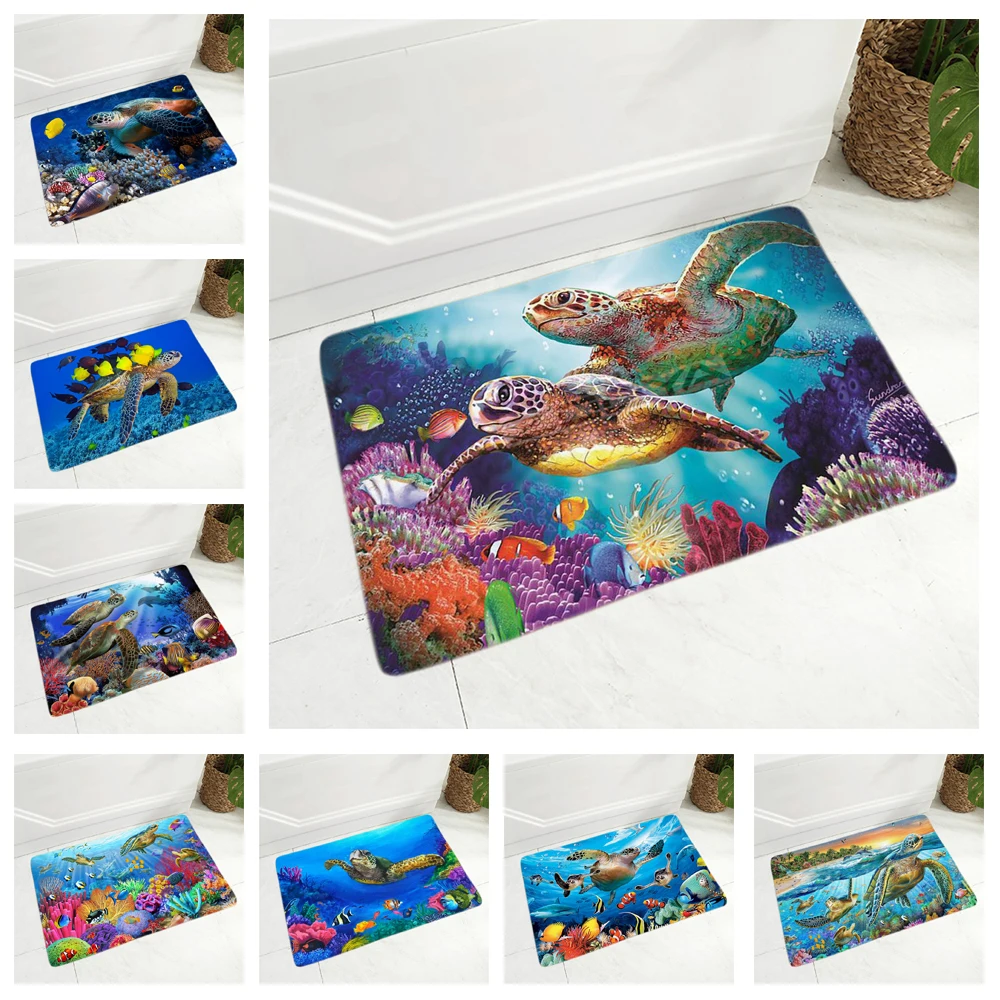 

Colorful Underwater World Sea Turtle Floor Door Mat for Hallway Kitchen Room Decor Animal Doormat Non-Slip Soft Flannel Rug