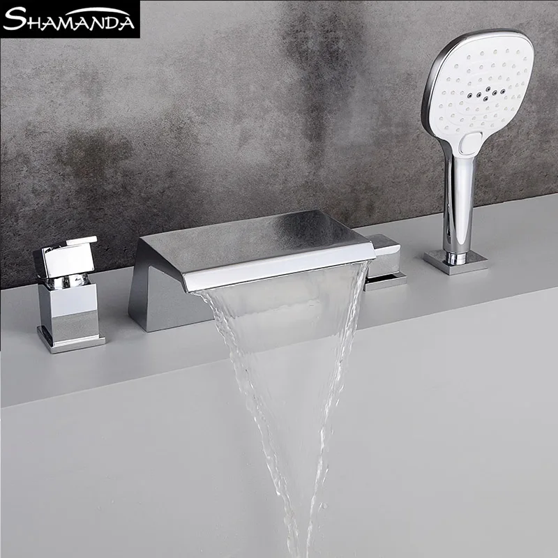 bath solid brass 4pcs gold brushed waterfall bathtub faucet set black 4 holes hot and cold water mixer tap bathroom products free global shipping