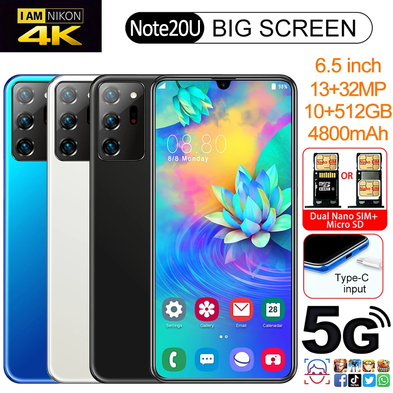 

Note20U 4800mAh Battery 6.5inch Android 10.0 Telephone 5G 10 Core Face ID Dual Sim Smartphones 13MP+32MP Cellphone 10GB+512GB