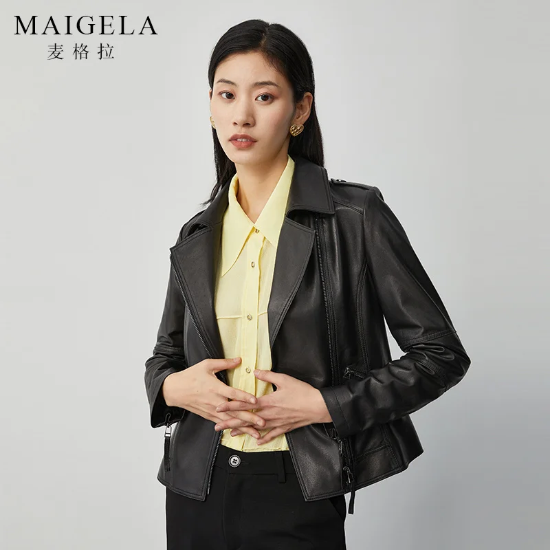 

Черная куртка из овчины растительного дубления, женская кожаная мотоциклетная куртка на весну и осень