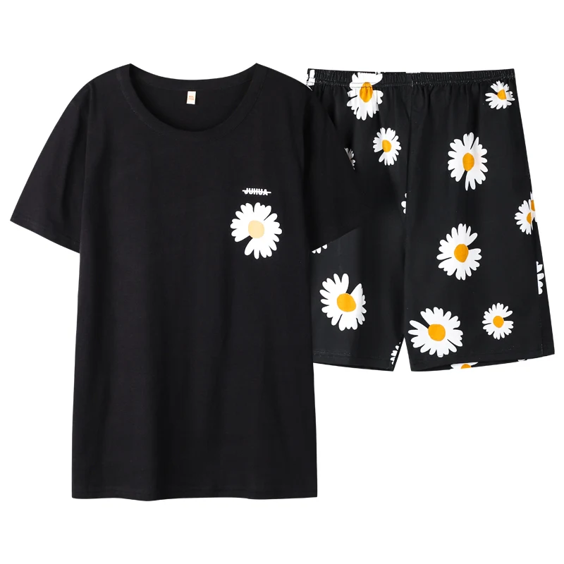 

Cute Daisy Print Couple Pajamas Set Men's Summer Cotton Pajamas Casual Loose Couple Homewear Kawaii Black Sling Women Sleepwear