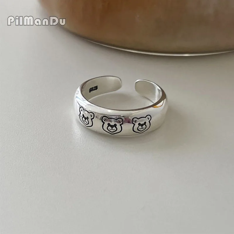 

PilManDu Korean Style Minimalist Vintage Adjustable Bear Rings S925 Sterling Silver Prevent Allergy Jewelry For Women Girl