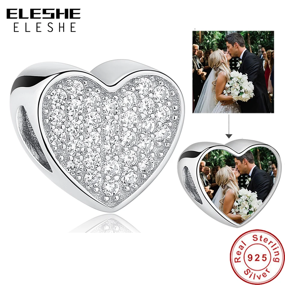 

ELESHE 100% 925 серебро сердце с украшением в виде кристаллов Шарм для фотосъемки по индивидуальному заказу, драгоценные бусины, подходят к оригин...