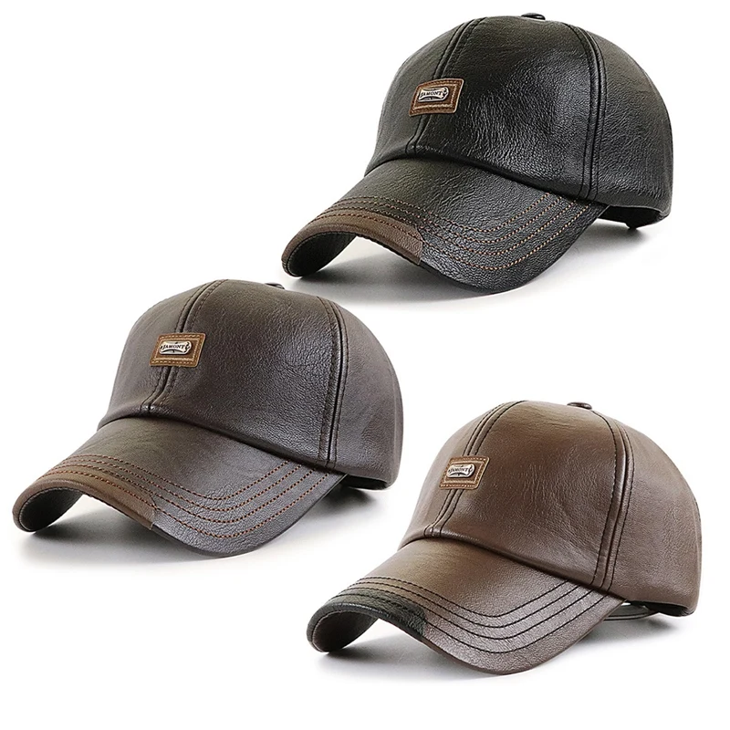 

Autumn Winter Leather Baseball Cap Men Women Gorras Planas Snapback Hat Bone Masculino PU Leather Trucker Cap