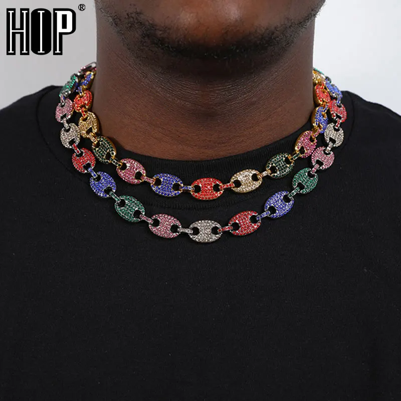 

Iced Out CZ Multi-Colors Coffee Bean Pig Nose Alloy Rhinestone Necklace Charm Link Chain Bling Necklaces for Men Jewelry