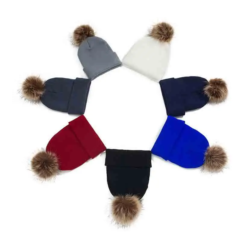 

7 Colors Winter Children Girls Knitted Hat Warm Pom Pom Big Fur Ball Wool Hat Kids Beanie Solid Crochet Boys Outdoor Caps