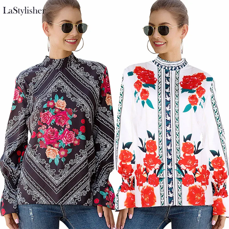 Блузка со стоячим воротником модная женская цветочная блузка размера плюс