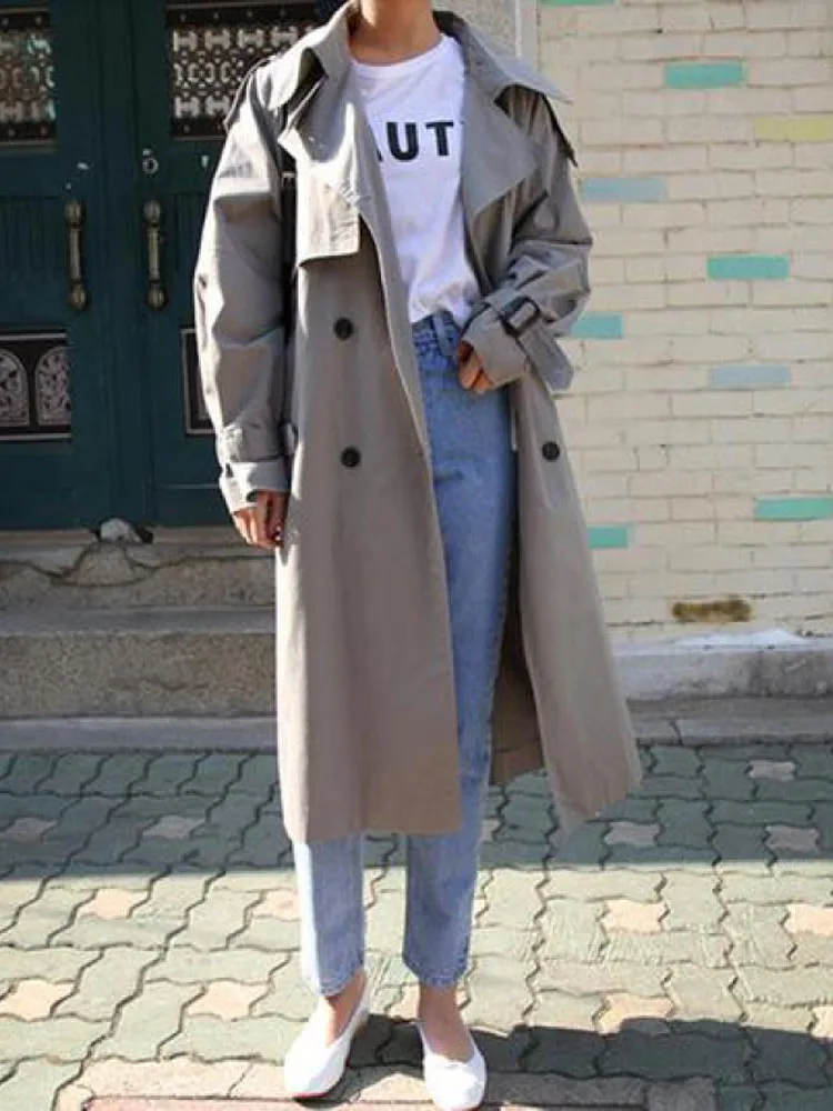 Женский двубортный Тренч Длинная ветровка цвета хаки с отложным воротником в