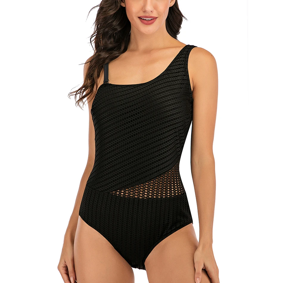 Женский слитный купальник размера плюс летний сексуальный на одно плечо черный
