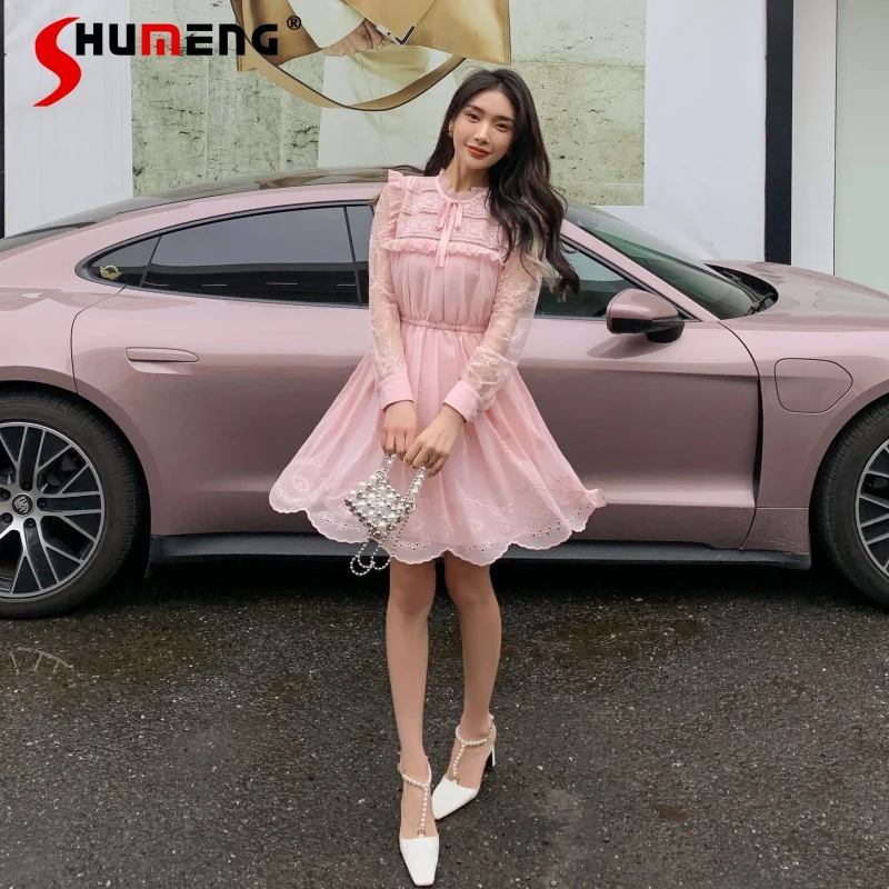 

Новинка 2021, Осеннее женское французское розовое кружевное платье в стиле ретро с вышивкой, женское модное приталенное сказочное платье с дл...