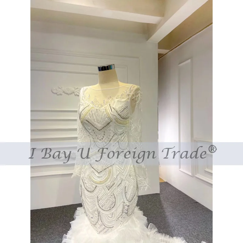 Sparkle Wedding Dress Mermaid Plus Siz 2020 Vestidos De Novia Sexy Puffy Skirt Wedding Gowns Beading Long Sleeve Bridal Dress