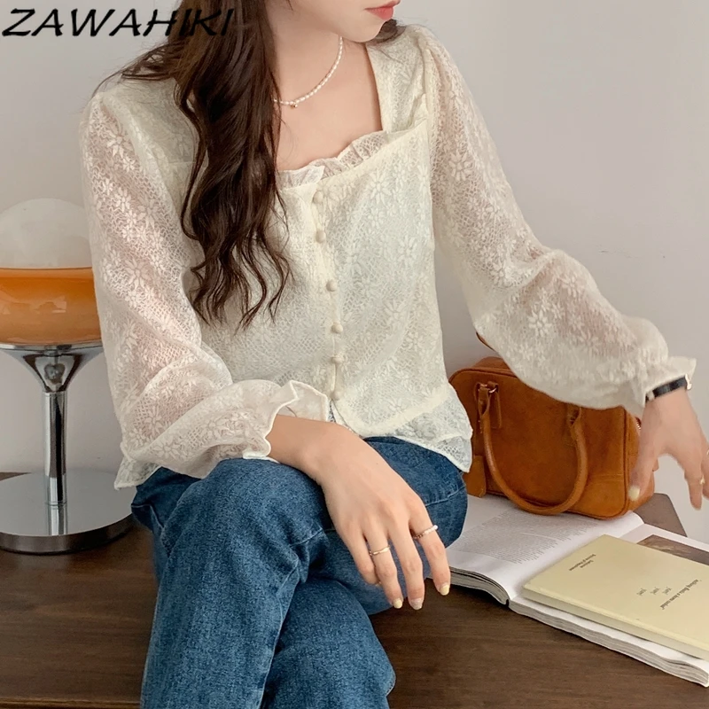 

ZAWAHIKI Autumn Long Sleeve Tops Lace Square Collar Hollow Out Single-breasted Shirts Cardigan Korean Style Sweet Shirt Women