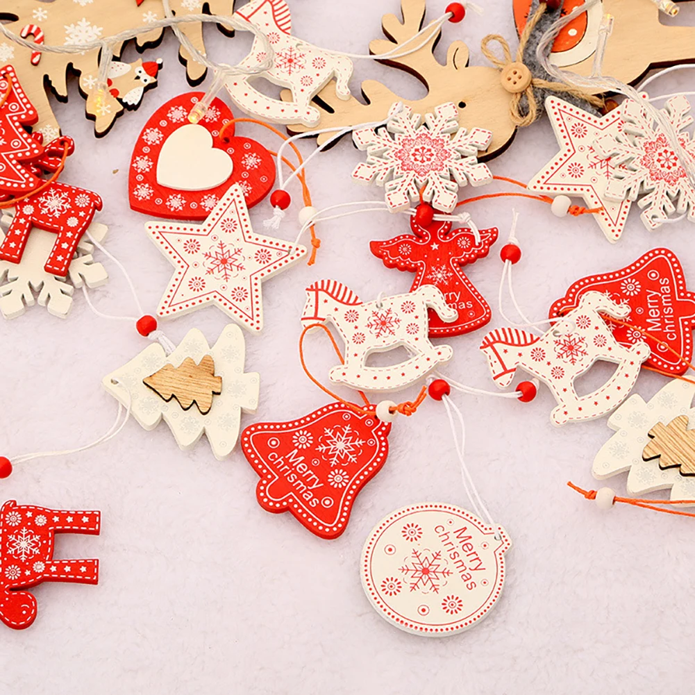 

12PCS/Lot DIY White&Red Christmas Tree/Heart/Star Wooden Pendants Ornaments For Home Xmas Tree Ornaments Kids Gifts Decorations