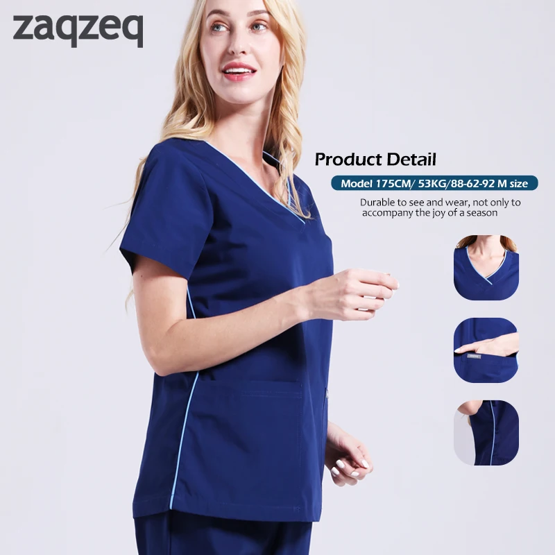 

Zaqzeq Рабочий набор синих скрабов для медсестер для салонов красоты, Рабочая форма, топ + штаны, рабочая одежда, осенняя одежда для женщин, кост...