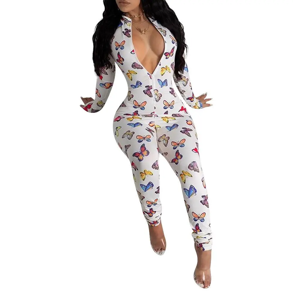 

Cute Butterfly Pattern Fashion Women Jumpsuits Multicolored Printing Long Sleeves Zipper Front Stretchy Rompers Newest 2020