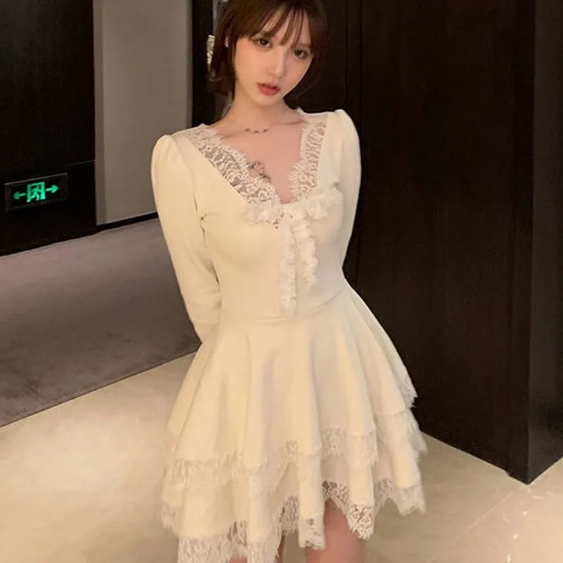 

Winter Lace Knit Mini Dress Women Casual Long Sleeve Kawaii One Piece Dress Korean 2021 Spring V-Neck Sweater Dress Female Cute