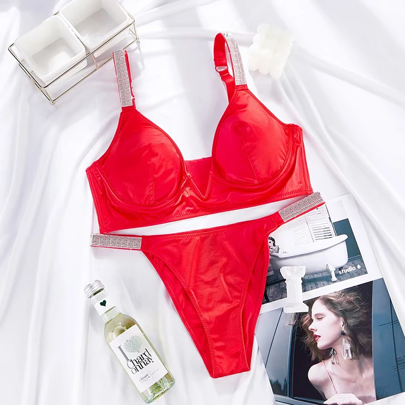 Rhinestone Bra & Brief Sets Thin Cup Bras Sexy Adjuste-Straps Lingerie Breathable Women Deep V-Neck Backless Body Sexy Underwear