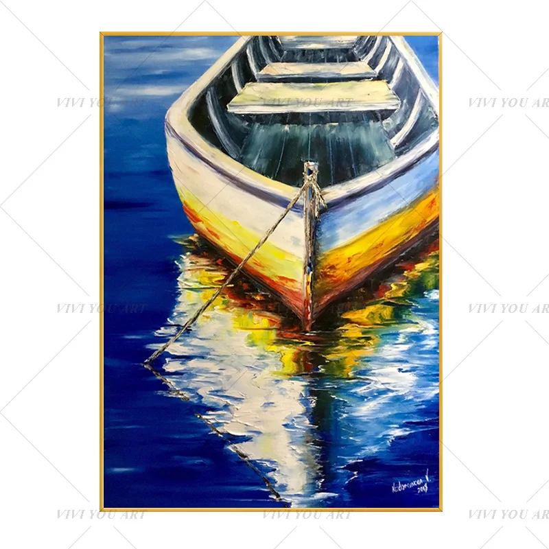 

2020 New Hand Painted Blue Yellow Ship Abstract Oil Painting Canvas Art Home Decor Wall Pictures Modern No Frame Picture