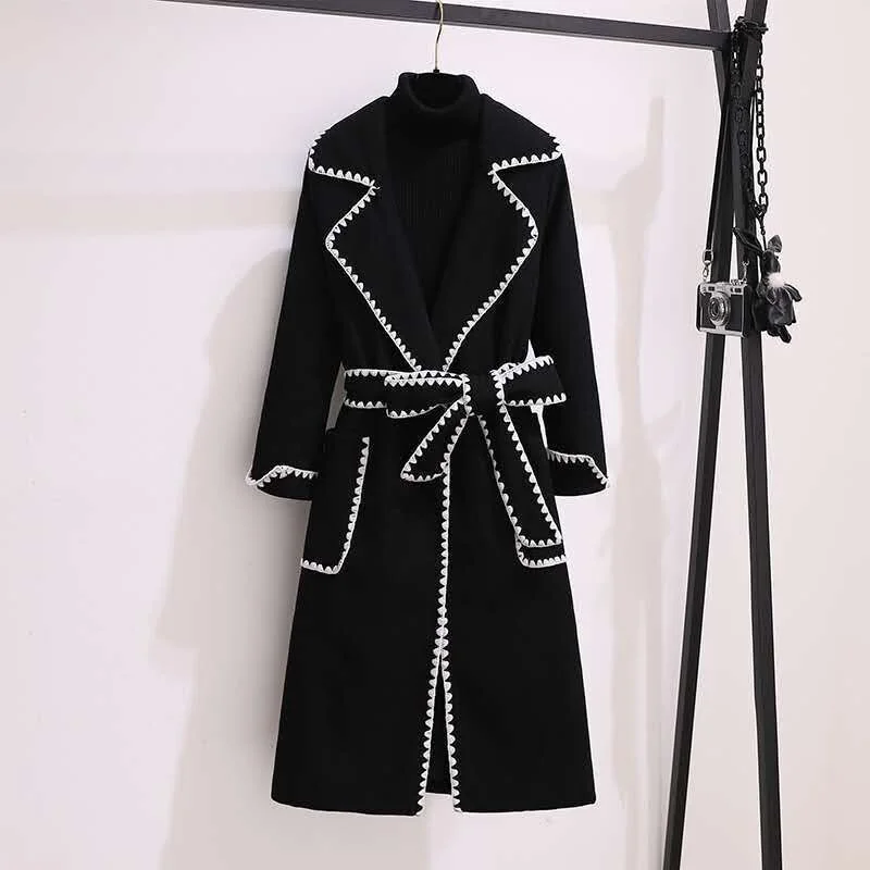 

Женское длинное шерстяное пальто, винтажное тонкое пальто с лацканами и ремнями, элегантная верхняя одежда в Корейском стиле оверсайз разм...