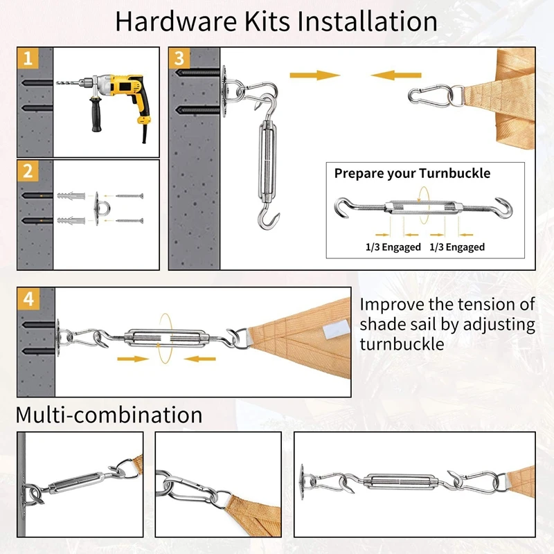 

Sun Shade Sail Hardware Installation Kit for Rectangle Triple-cornered Square Shade Sails,Turnbuckle Snap Hook