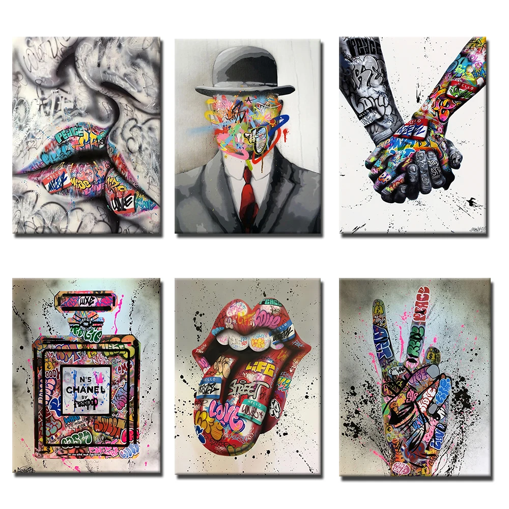 

Modern Pop Street Artwork Graffiti Art Canvas Paintings Abstract Kissing Posters Wall Pictures for Home Living Room Decoration
