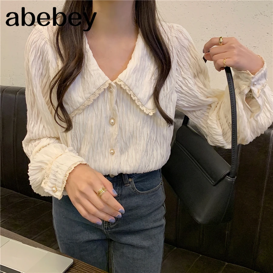 

Элегантная кружевная блузка с цветочным рисунком, женская блузка с круглым воротником, длинным рукавом и одной грудью, новинка весны 2021, Офи...