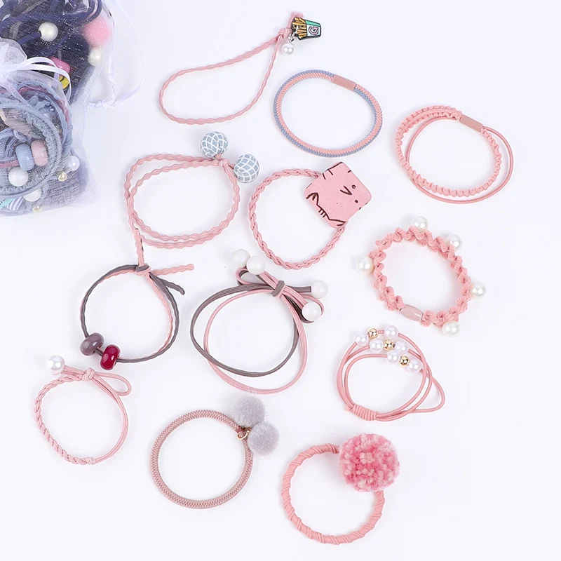 pink 12 шт. эластичные резинки для волос с жемчужинами и помпонами, держатели для конского хвоста, резиновая резинка, корейские аксессуары для волос для женщин и девочек, детские резинки для волос - Цвет: pink