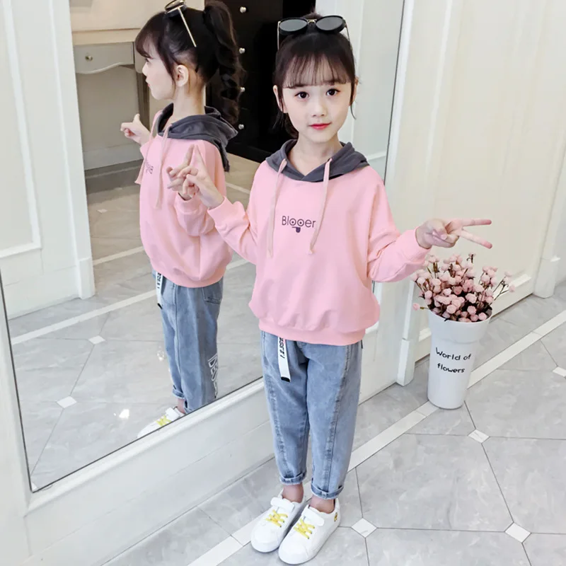Jean Hooded Spring Summer Children's Clothes Set Baby Girls Sweatshirts+ Pants 2pcs/Set Kids Costume Teenage Girl Clothing High
