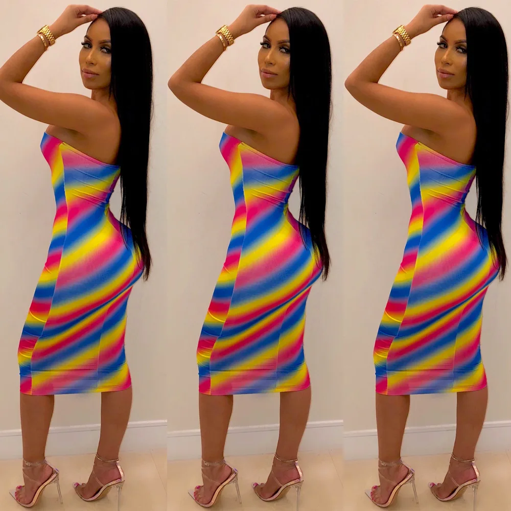 

Adogirl Rainbow Colorful Striped Midi Dress Strapless Multi-color Skinny Bodycon Sexy Lady Night Club Suits Off Shoulder Dress