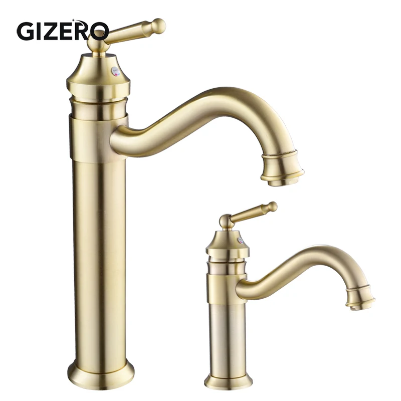 

GIZERO Brushed Gold Faucets Copper Bathroom Basin Sink Faucet Waterfall Spout Vanity Mixer Taps GI158
